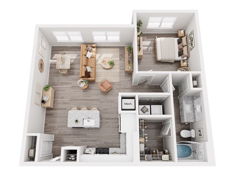 Floor plan for 1 bed, 1 bath, 844 sqft